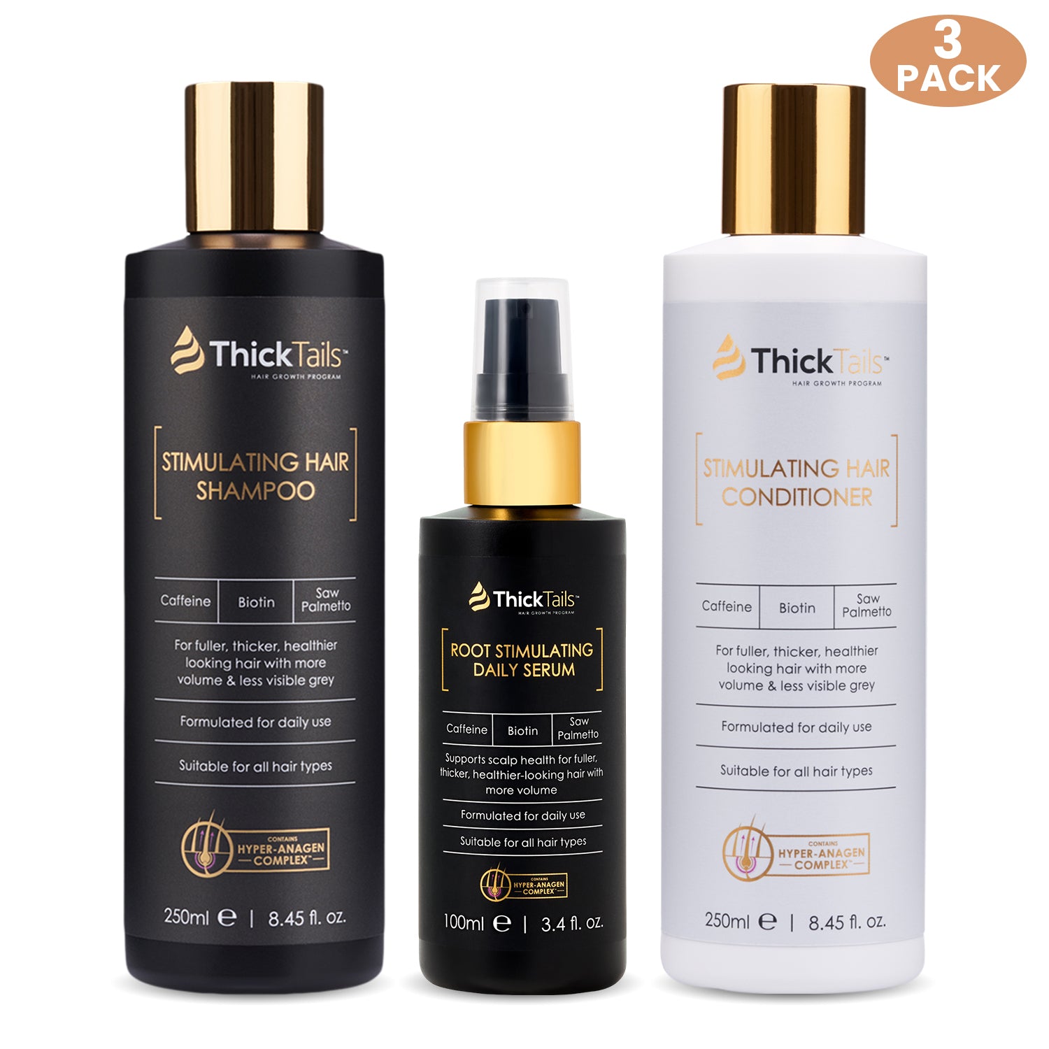 Coda spesse che stimolano shampoo per capelli, balsamo e siero | 3-pack